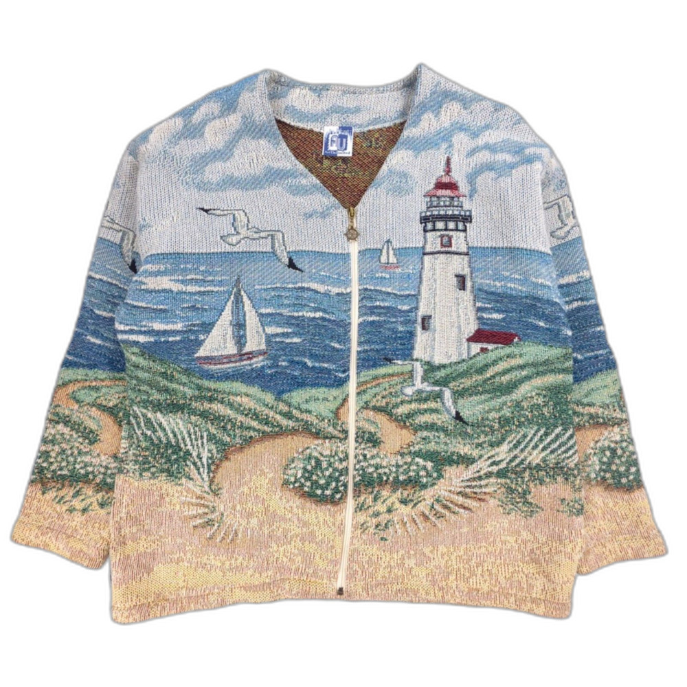 VINTAGE Art Unlimited Coastal Grandma Tapestry Cardigan Knit Beachy Boho Ocean